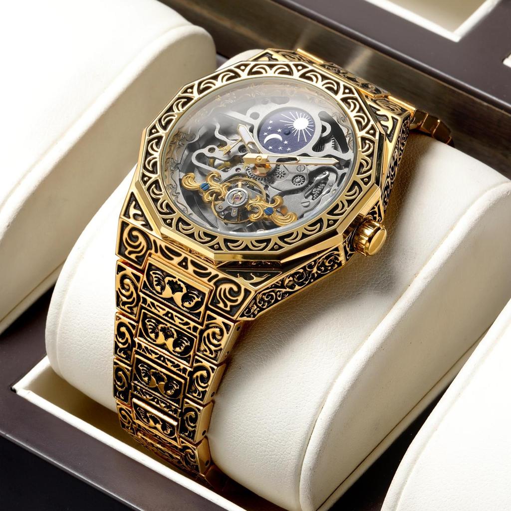 FORSINING Mens Luxury Engraving Wrist Watches Unique Tattoo Pattern Carved Stainless Steel Band Luminous Automatic Skeleton Watch