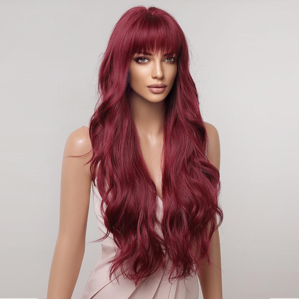 Lang Golvend Bordeaux Donkerrood Synthetisch Haar Pruiken met Pluizige Pony voor Vrouwen Wijnrood Body Wave Halloween Cosplay Natuurlijke pruik