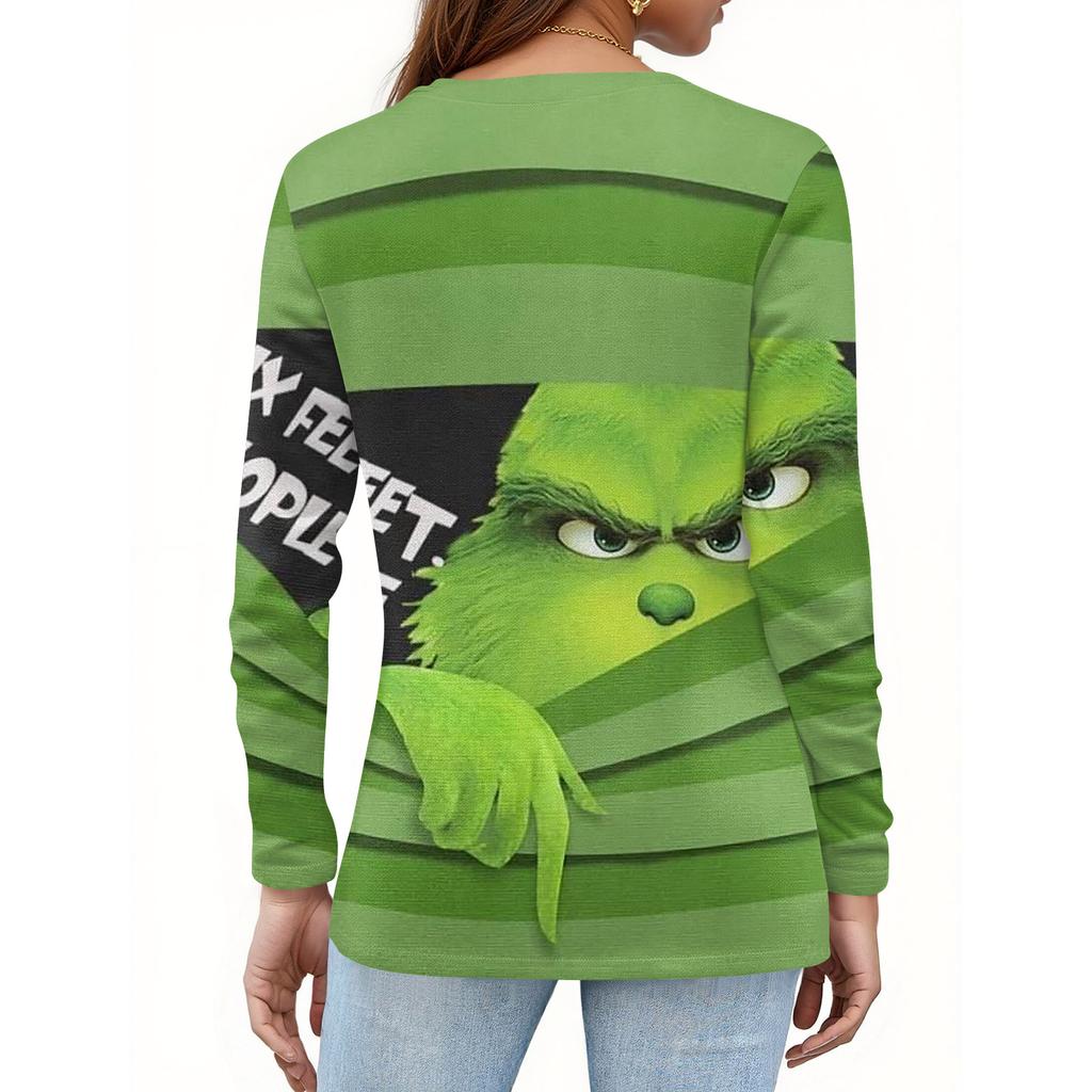 Women's Fashion Casual V-Neck Long Sleeve Decorative Button Christmas Print Top