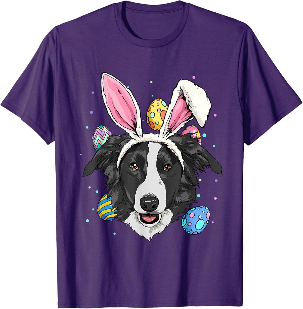 Border Collie Bunny Easter Eggs Dog Lover Graphic Tee Men Casual Trip T-Shirt