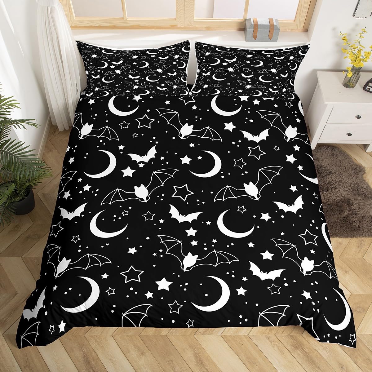 

Cartoon Purple Bat Gothic Duvet Cover Halloween Bats Bedding Set Star Quilt Cover Spooky Dark Shadows Silhouette Halloween Decor EU Single(135x200cm)