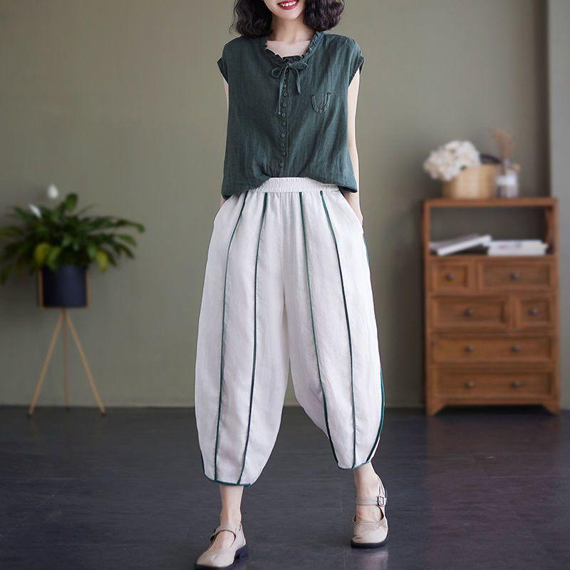 Literary and Art Retro Cotton and Hemp Pants Summer Leisure Women's High Waist Lantern Pants Large Size Nine Fen Haren Pants