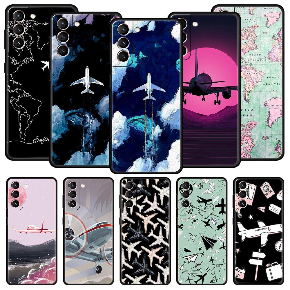 Airplane World Map Travel Phone Case For Samsung Galaxy S26 Ultra S25 Plus S24 FE S23 S22 5G S21 S20 Cover Black Soft