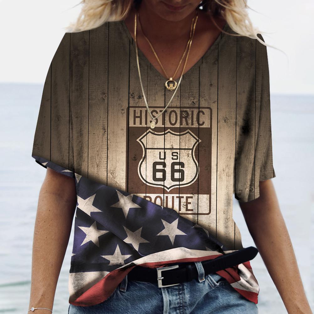 

Жіноча вінтажна футболка з принтом US 66 Route, з V-подібним вирізом, оверсайз, вуличний одяг, одяг Harajuku, жіночий повсякденний топ з коротким рукавом, футболки 3XL