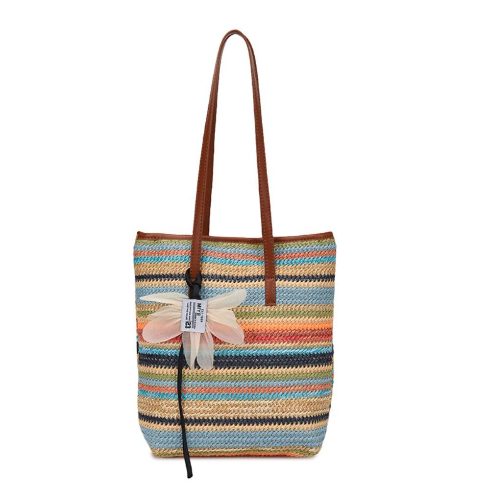 

Bohemian Style Rainbow Woven Handbag Elegant Summer Bucket Bag Simple Crochet Underarm Bag Holiday синий