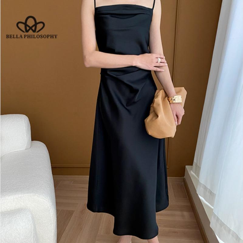 

Французское легкое роскошное атласное платье с поясом, длинное платье, повседневное стильное вечернее клубное платье, коктейльное платье L чёрный