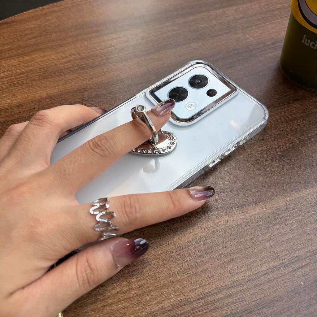 Luxury Bling Rhinestone Heart Ring Bracket Clear Phone Case for OPPO Reno8 5G Stand Cover