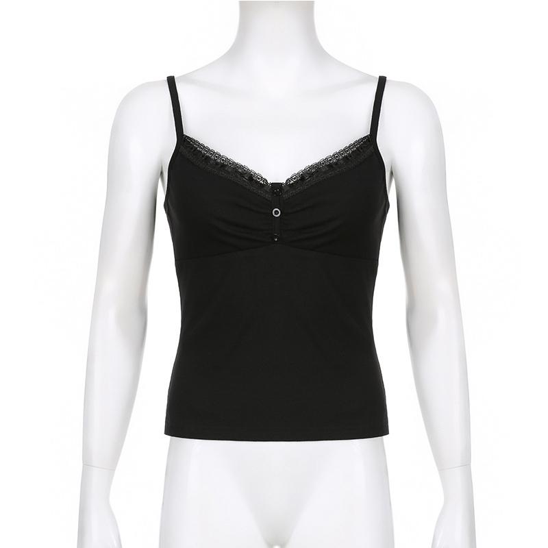 VAYLA Sexy Folds Buttons Sleeveless Crop Top Black Vintage Y2K Corset Tops  Casual Basic T-shirt