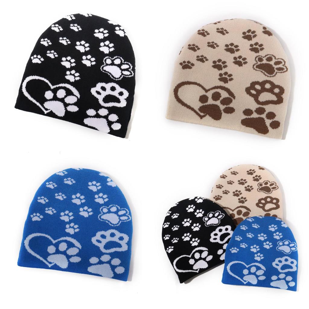 Acrylic Knit Hat With Paw Print Design For Casual Winter Wear And Outdoor Sports