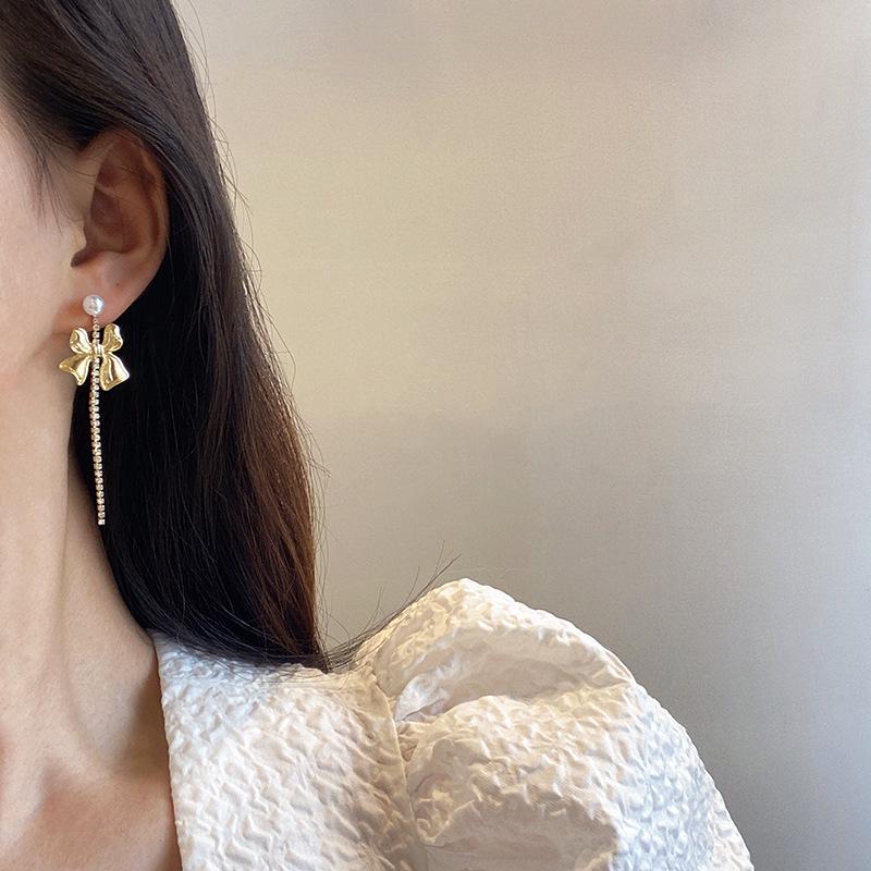Fairy Tassel Pearl Bow Earrings In S925 Silver