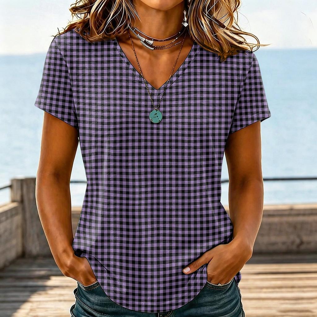 Women Casual V Neck T Shirt Plaid Checkered Printed Short Sleeve Blouse Lightweight Soft Fabric Top for Daily Wear