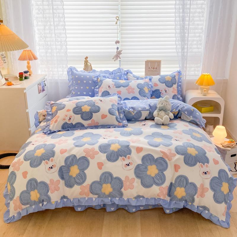 Korean Style Bed Skirt Four-piece Set Pure Cotton Edge Bed Sheet Thickened Plant Cashmere Brushed Skin-friendly Bedding