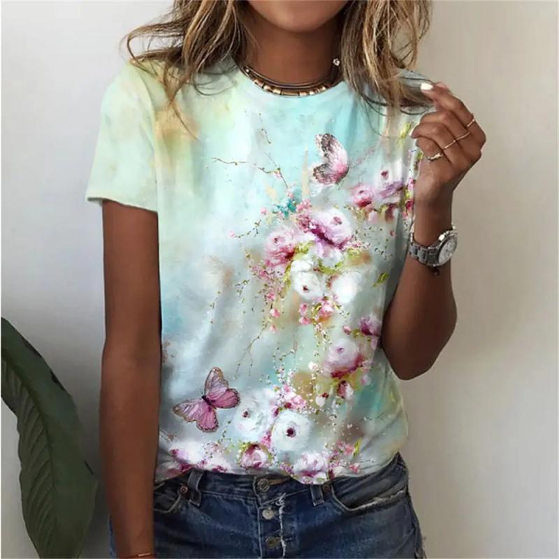 Summer Flower Pattern 3D Printed T-shirt for Women, Round Neck Short Sleeved Casual T-shirt, Harajuku T-shirt, Y2k Top, Women's Clothing