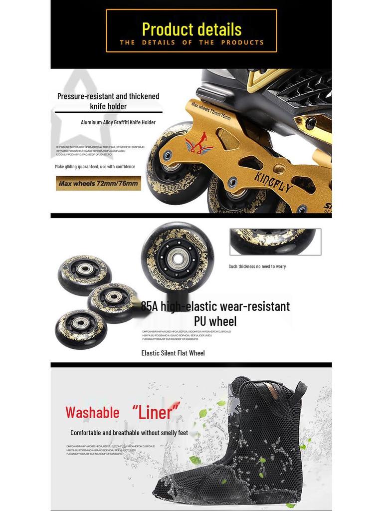 Erwachsene Schwarz-Gold Inline-Rollschuhe für Männer & Frauen – Anfänger Einreihig mit Blumenmuster