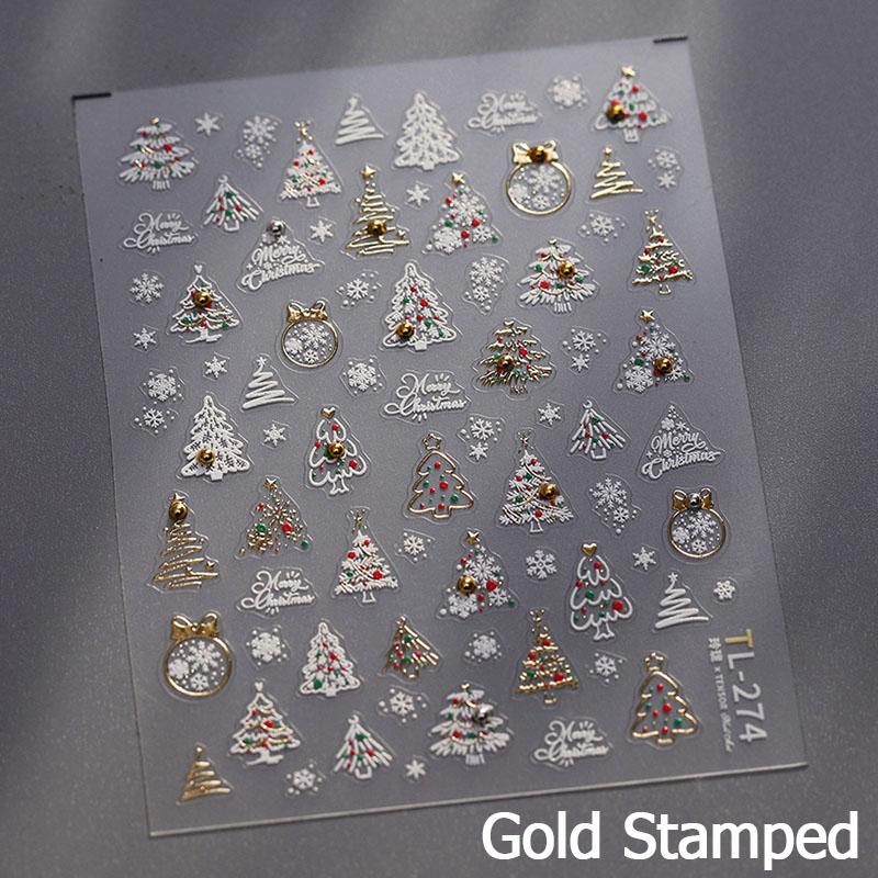 Gold Stamped White Christmas Tree Snowflake 3D Self Adhesive Nail Art Stickers Santa Claus Elk Xmas Cartoon Cute Manicure Decals