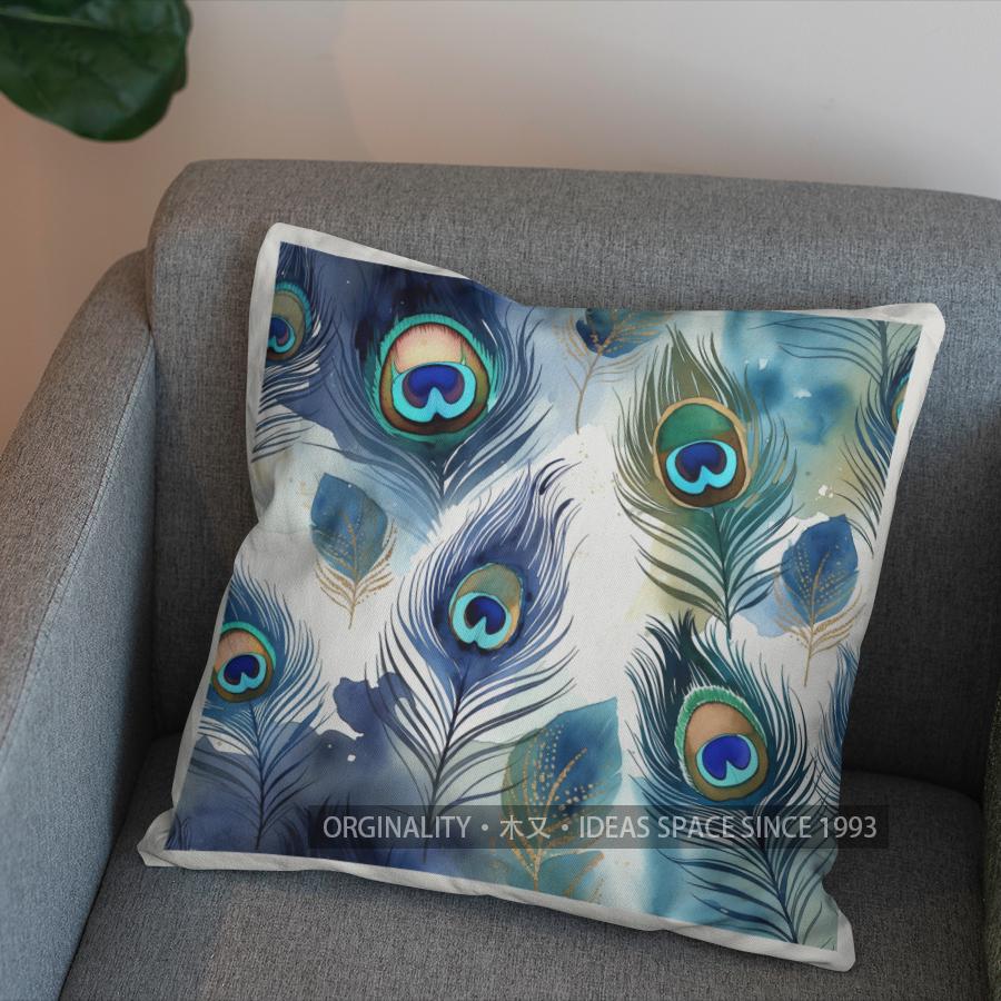 

2D Peacock Feather Watercolor Pattern Throw Pillows Pattern Cushion Cover Suitable for Sofa Bedroom Car Pillow Cover 40x40cm