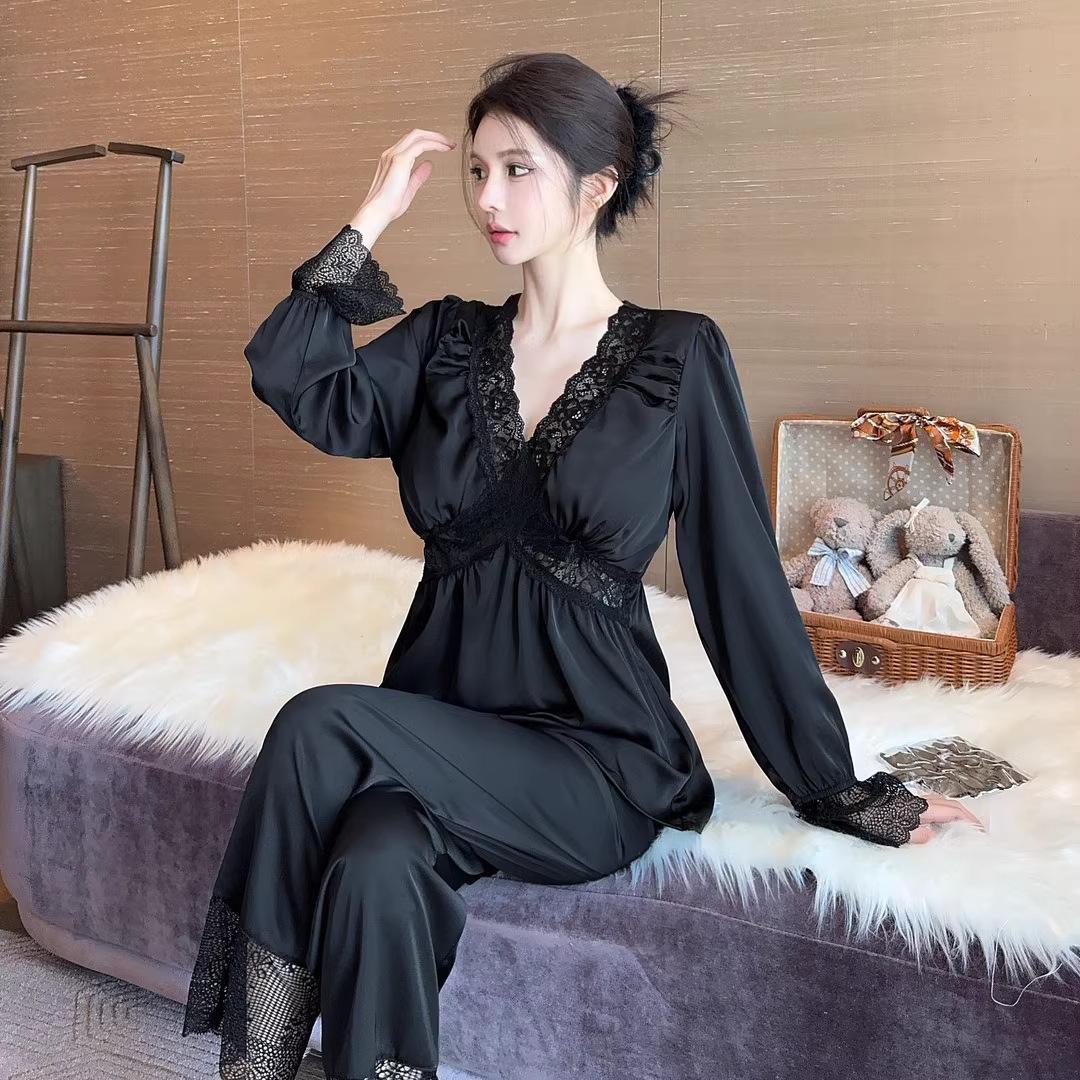 

Women s Ice Silk Lace V-neck Pajama Set - Long Sleeve & Pants, Spring/Summer Collection XL