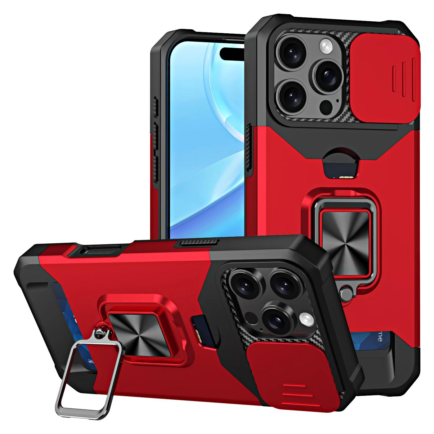 

Держатель для карт с защитной крышкой-кольцом для iPhone 16 15 14 13 12 11 ProMax 15 16 Plus 12 13 Mini Магнитный противоударный бронированный чехол For 7 8 Or SE2020