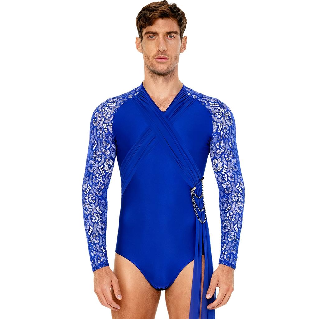 Mens Latin Dance Bodysuit Sheer Floral Lace Long Sleeve Ruched Mesh Layer Drape Chain Tassel Leotard Jumpsuit