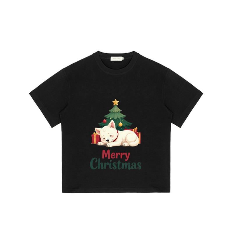 Christmas T Shirt Black Cute Dog and Christmas Tree with Merry Christmas Text Holiday Party Wear