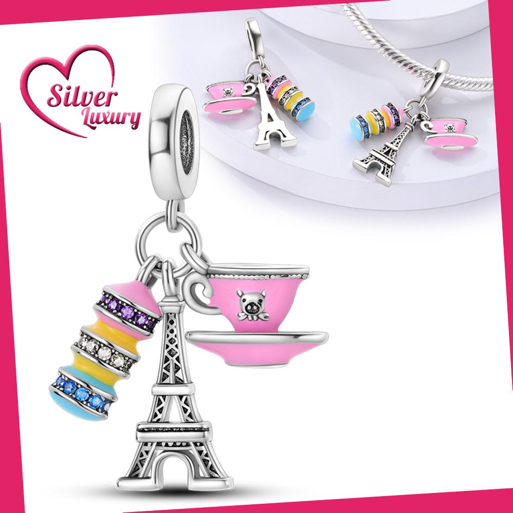 Charms Plata Romantic Eiffel Tower Coffee Cup Pendants Fit Original Bracelets Charms For Women Jewelry Diy Making Gifts