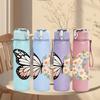 1PC Floral White Butterfly Print 750ml Color Plastic Sports Water Bottle Leakproof Flip Straw Lid Suitable for Sports Office Home Use