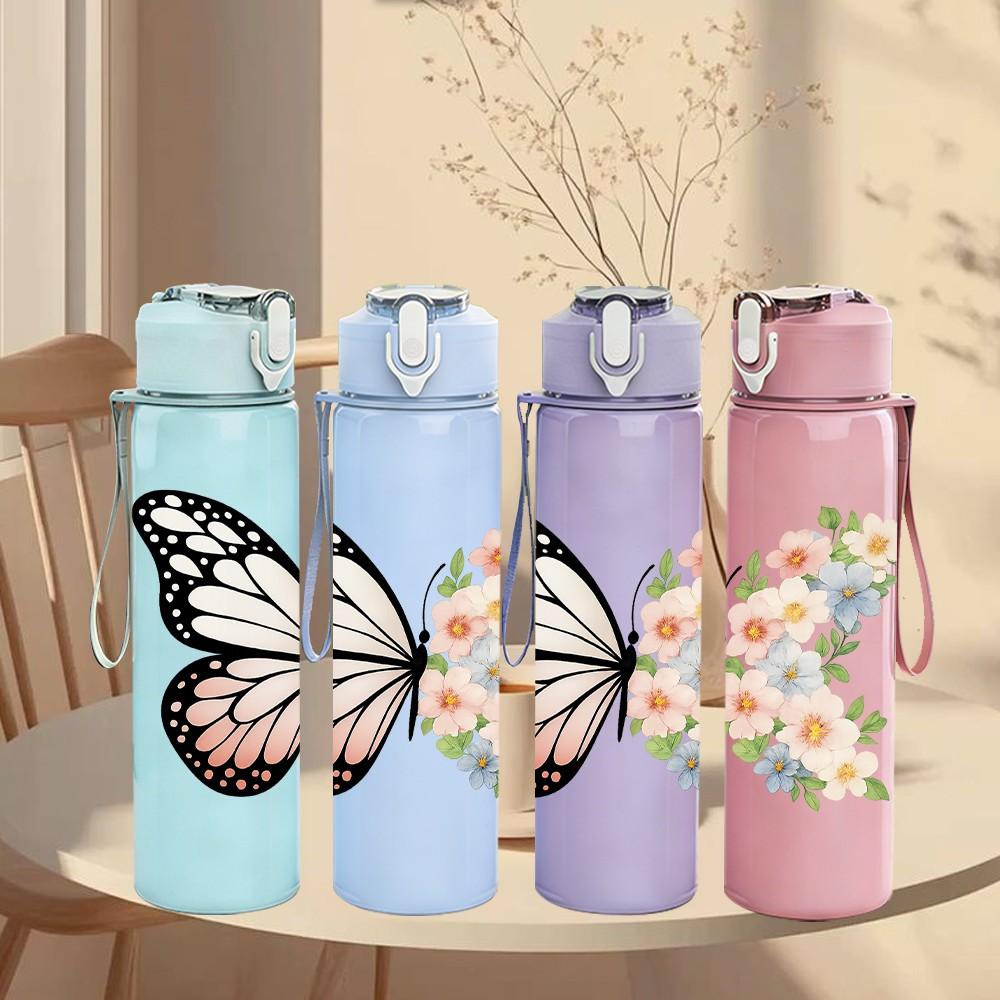 1PC Floral White Butterfly Print 750ml Color Plastic Sports Water Bottle Leakproof Flip Straw Lid Suitable for Sports Office Home Use