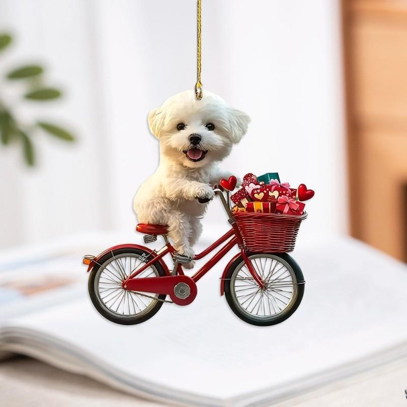 Mirror Car Acrylic Ornament Cartoon Dog Riding Bicycle Pendant For Decor Vehicle