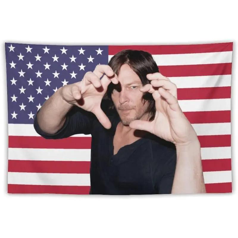 Norman Reedus Wall Tapestry Polyester Retro American Flag Design for Bedroom And Living Room Decor the Walking Dead Theme