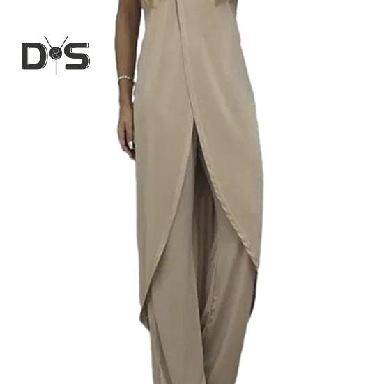 2 Pcs/Set Women Top Pants Set Irregular Hem Wide Leg Solid Color Soft Round Neck Loose Sleeveless Long Blouse Trousers Set