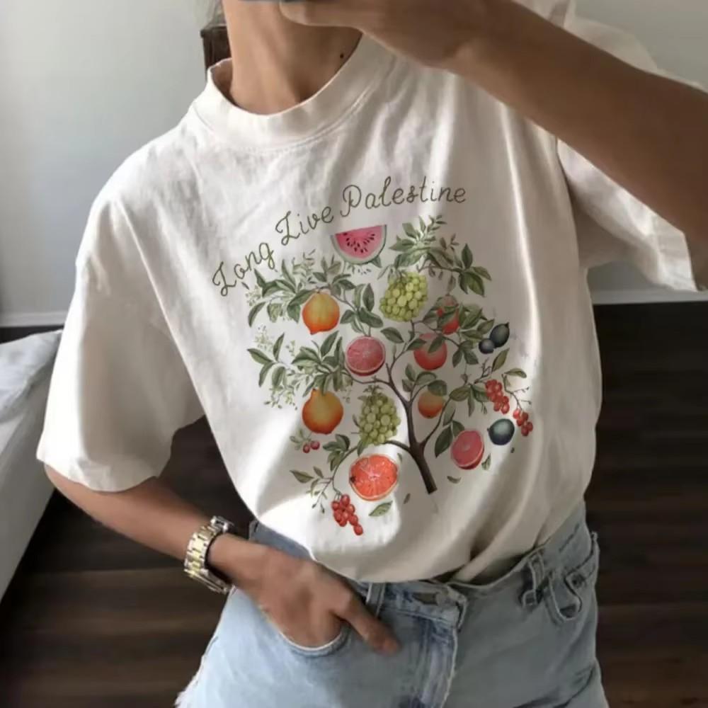 

Cartoon Fruit Tree Print Short Sleeve TShirt 90s Trendy Casual Top for Women Aesthetic Vintage Tee Fashionable Lady Clothing S