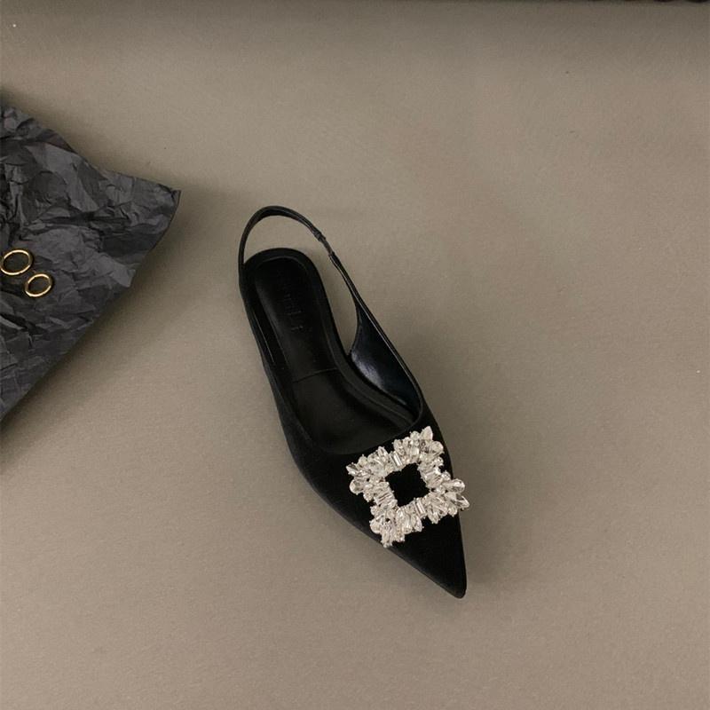 2025 new summer French flat-bottomed non-slip black bag head sandals women's versatile rhinestone pointed temperament single shoes