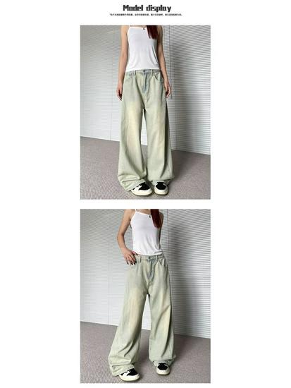 Women's Summer Retro Hong Kong Style Light Wash Wide Leg High Waist Denim Trousers