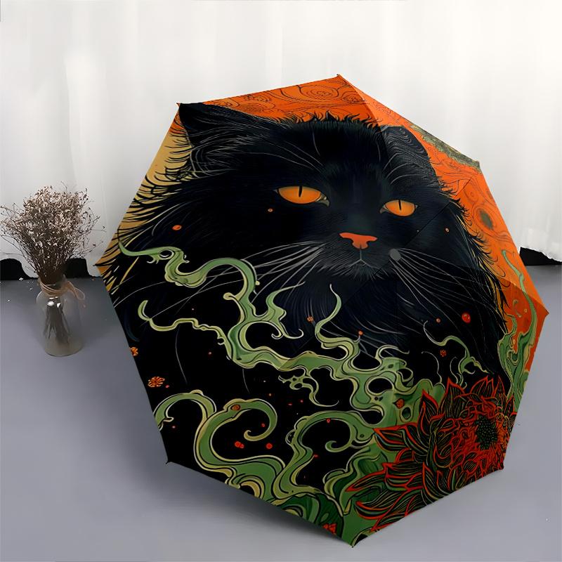 1pc Black Cat's Journey Automatic Umbrella Design, Cute Cartoon Pattern, Portable Outdoor Umbrella, Perfect Y007
