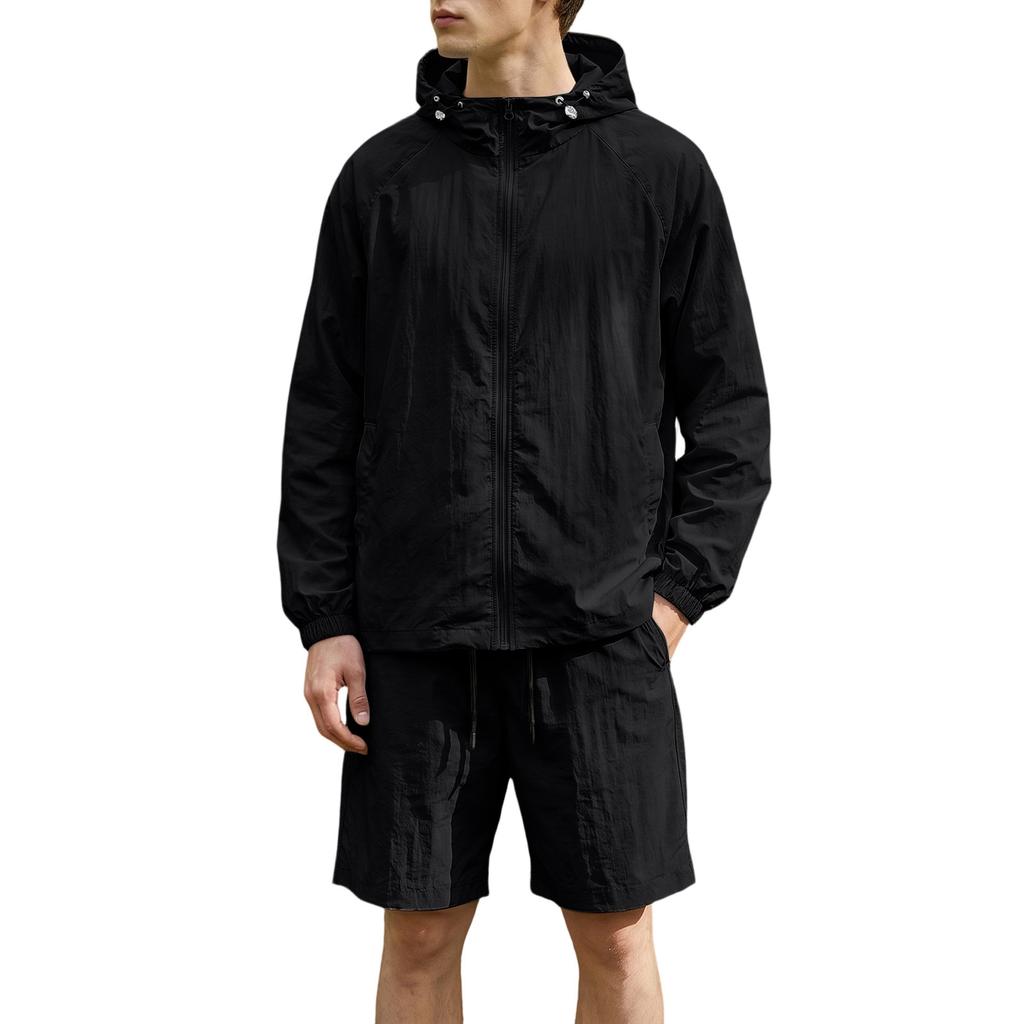 Men's Quick Dry Hooded Sun Shirt and Shorts Set Lightweight Athletic Two Piece Sportswear
