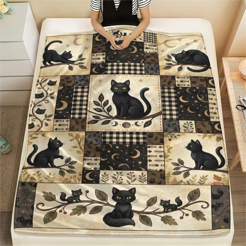 1Pc Patchwork Cat Print Flannel Blanket, High quality Comfortable for All Seasons, Home Decor, Warmth and Comfort, Perfect for Christmas Gifts63
