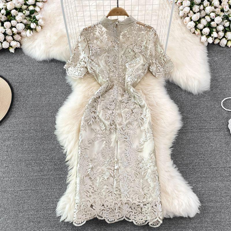 Retro Chinese Style Young Improved Cheongsam Summer Graceful Stand Collar See-through Slim-Fit Slim Looking A- line Dress