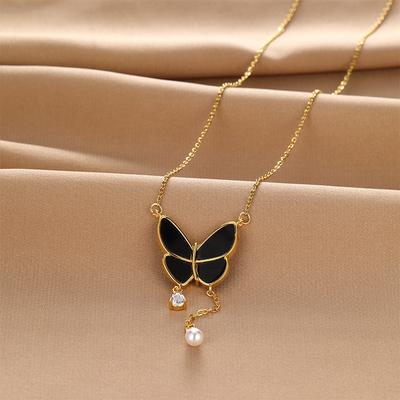Xiu Tassel Butterfly Necklace Women'S Premium Sense Simple Commuter Zircon Pearl Pendant