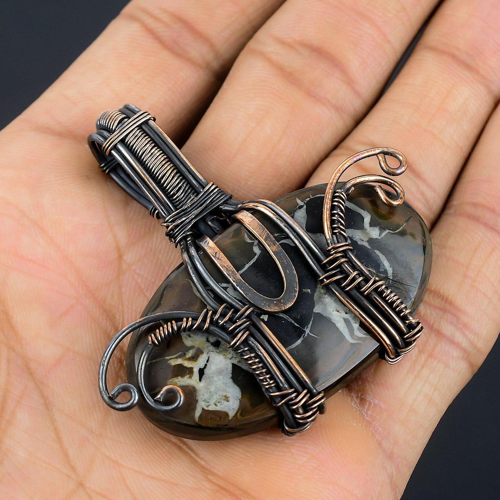 Mud Crack Fossil Pendant, 999 Copper Wire Wrapped Gemstone Jewelry, Handmade Tree Of Life Pendant, For Thanksgiving