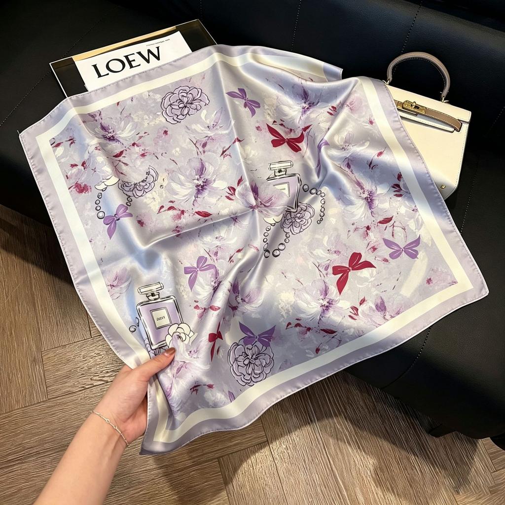71Cm New Chinese Simulation Silk Square Scarf Soft and Skin-friendly Ink Flower Rhyme Printing Silk Scarf Neck Sunscreen Small Scarf