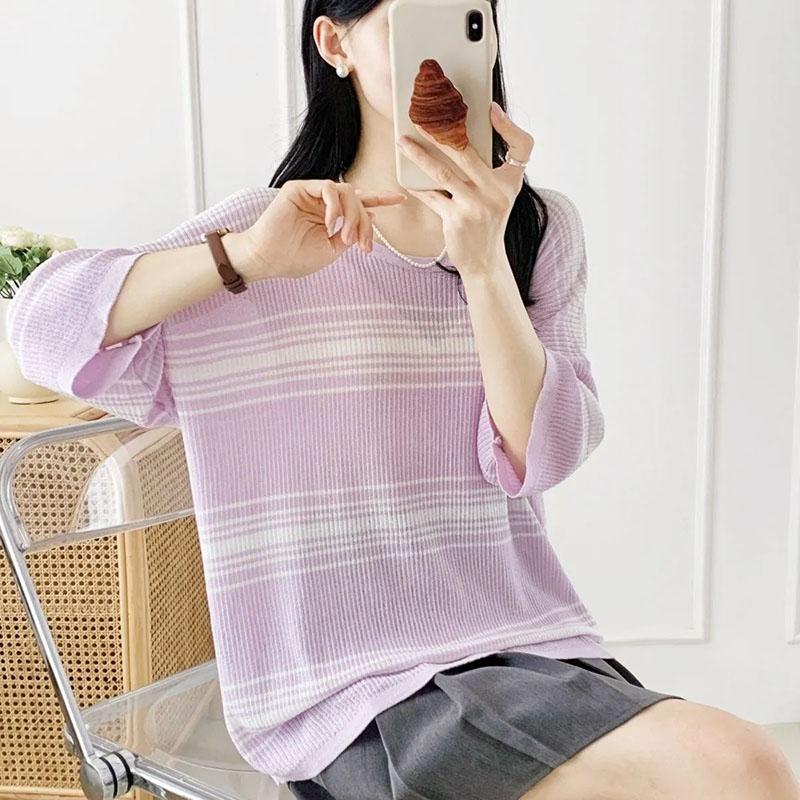 T-shirt for Women Summer Large Size Stripe Cutout T-shirt Soft Loose Casual Comfortable Pullover T-shirt Top