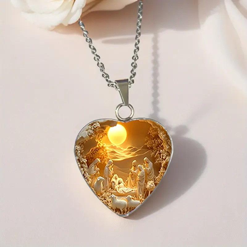 Love Shaped Glass Alloy Pendant Necklace, Fashionable Sweater Chain