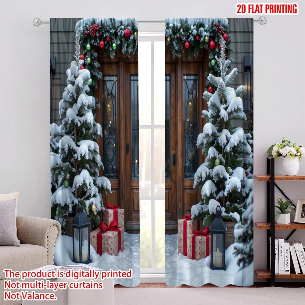 

Set Of 2 Flat Printing Merry Christmas Curtain Rural Durable Polyester Fabric Without Electricity Festive Holiday W100*H70(CM)-Grommet top&2PCS