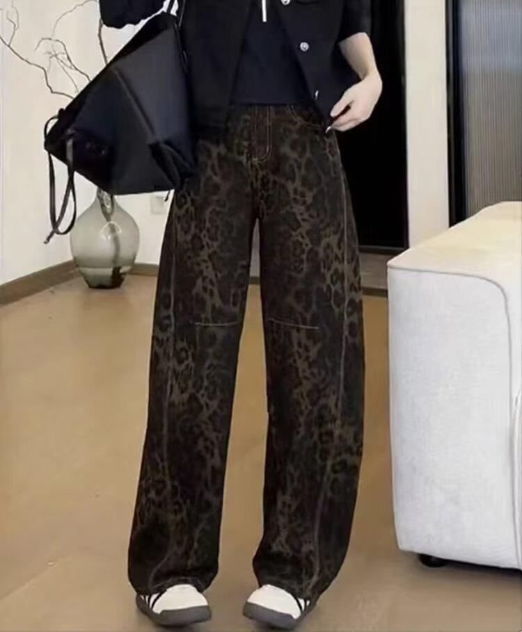 Spring 2025 Leopard Print High-Waist Straight-Leg Jeans for Women