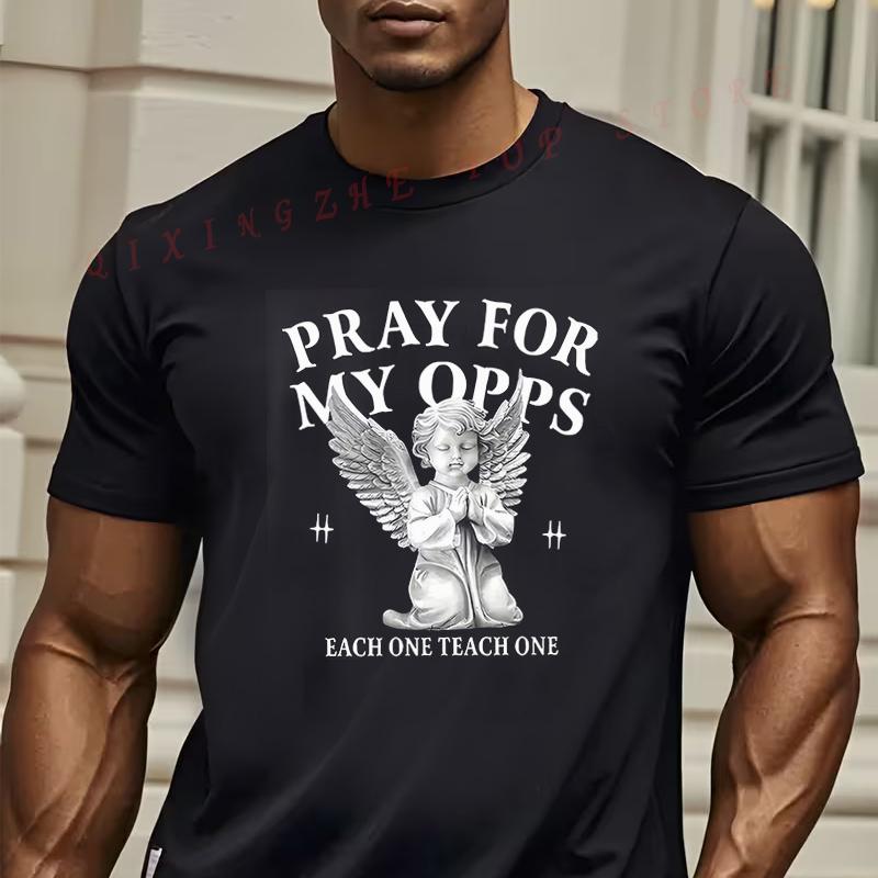 Mens PRAY FOR MY OPPS Graphic TShirt Black Tee With Bold White Text Cherub Design Casual Short Sleeve Tees S