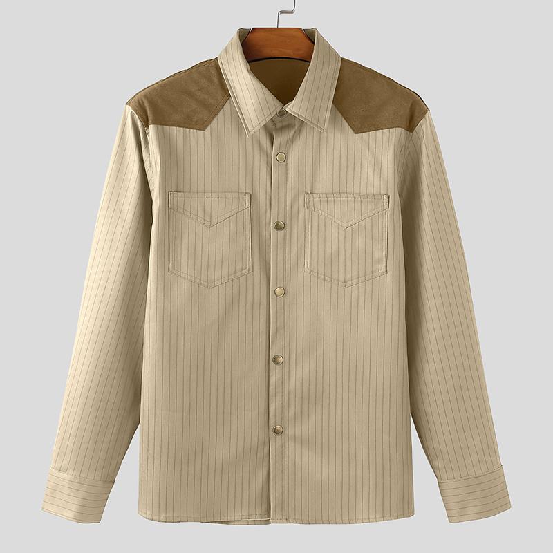 INCERUN S-5XL Men Lapel Neck Long Sleee Patchwork Striped Print Buttons Down Shirts