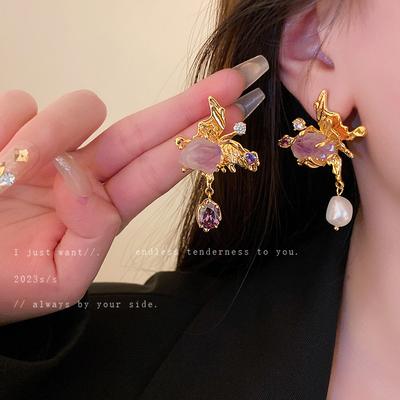 Asymmetrical Freshwater Pearl Zircon Butterfly Earrings Retro Light Luxury Stud Earrings Korean Temperament Earrings