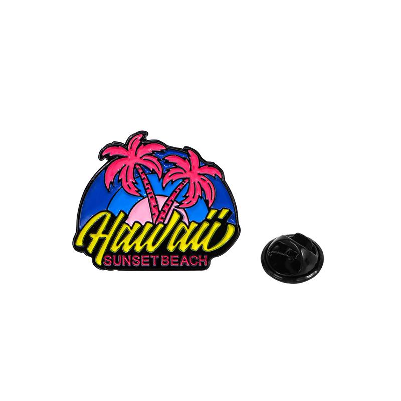Let's Go To Beach Enamel Pins Born To Surf Coconut Tree Hawaii Sunset Brooches
