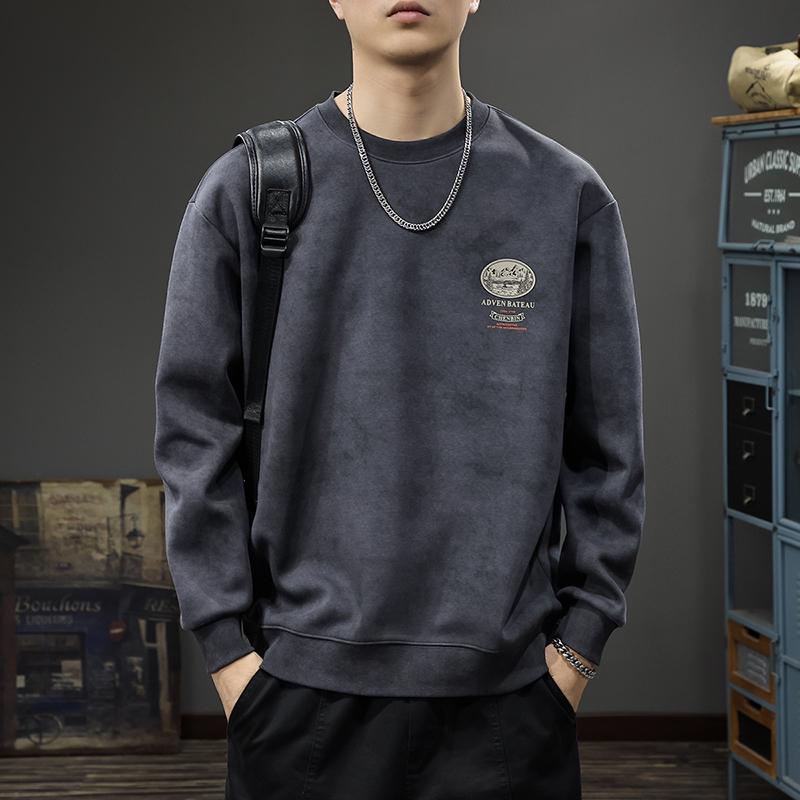 Men's Oversized Retro Mountain Print Hoodie - Autumn/Winter Round Neck Long Sleeve T-shirt