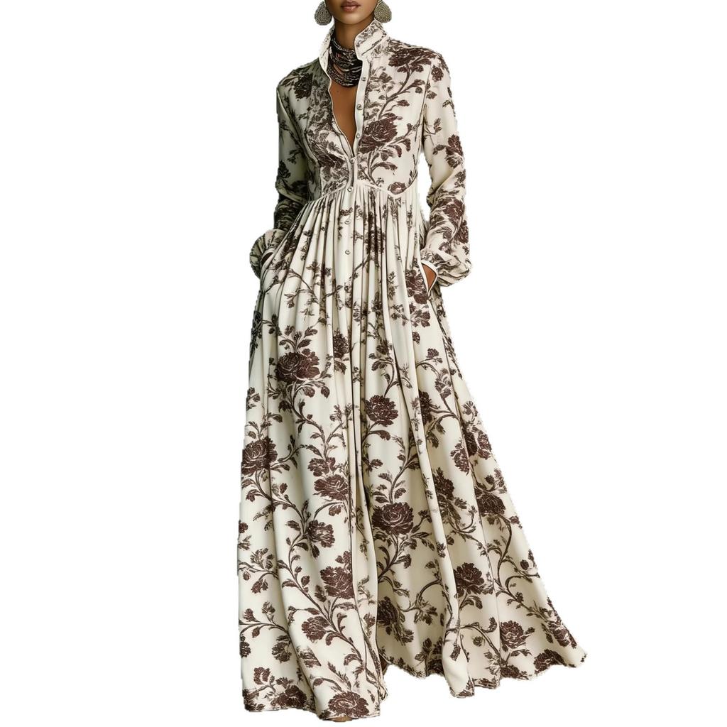 Women's Floral Print Maxi Shirt Dress Long Sleeve Button Front Casual Flowy Dress